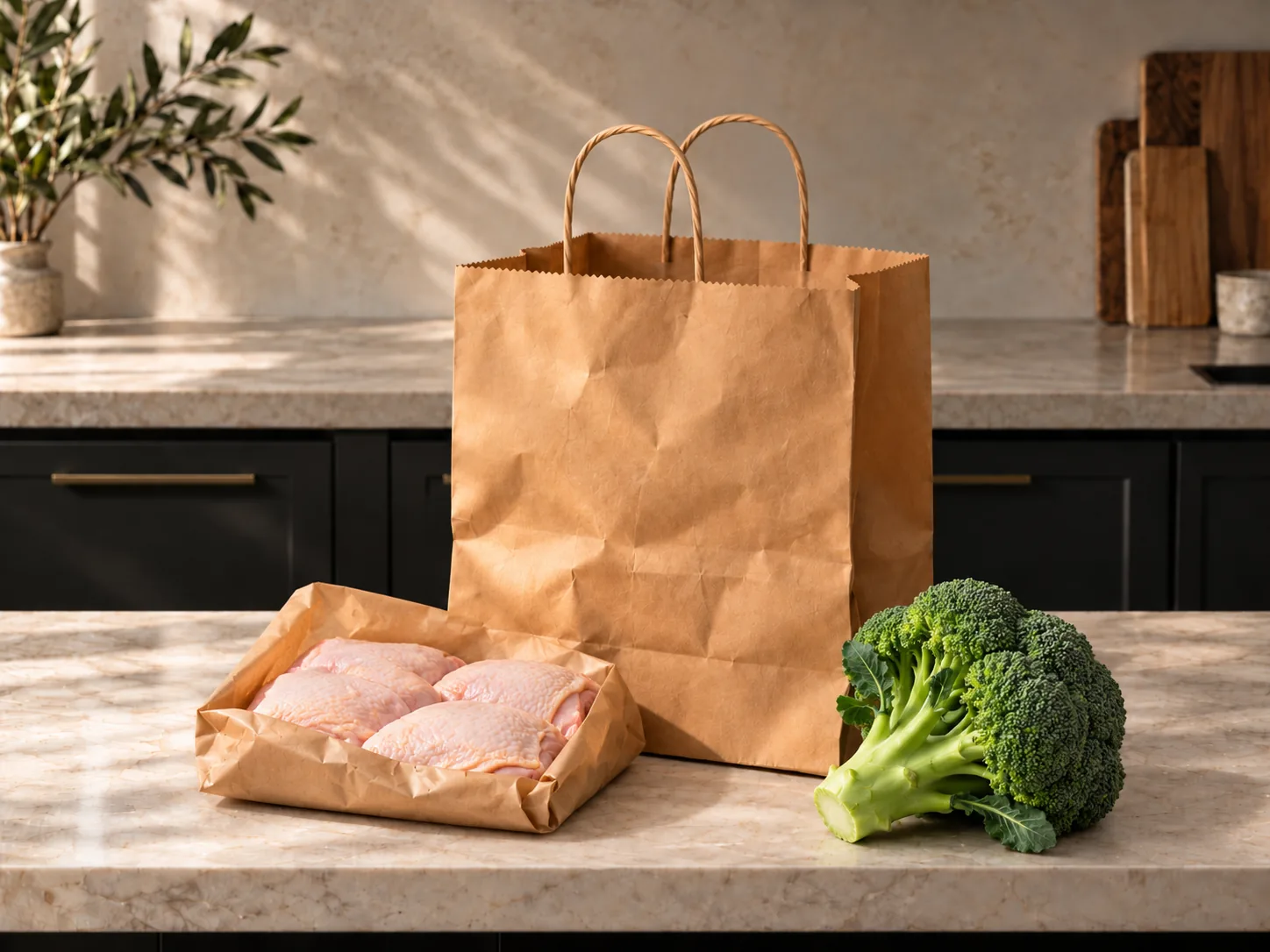 Chicken thighs in butcher paper and a head of broccoli arrive beside it.