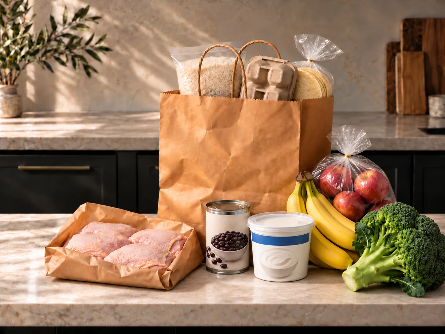 Bananas and a bag of apples lean against the bag.